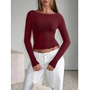 image:imageLASLULU Womens Semi Sheer Square Neck Long Sleeve Workout Tops Wrap Top  See Through FabricLettuce EdgeReversible NecklineFitted Athletic Shirtsfor Ballet Yoga PilatesLayering Over Workout SetsBurgundy