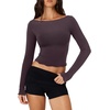 image:imageLASLULU Womens Semi Sheer Square Neck Long Sleeve Workout Tops Wrap Top  See Through FabricLettuce EdgeReversible NecklineFitted Athletic Shirtsfor Ballet Yoga PilatesLayering Over Workout SetsPurplish Brown