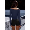 image:imageLASLULU Womens Sexy VNeck Long Sleeve Workout Tops Ribbed Crop Tops  Off the Shoulder Layering TopsCropped Fitted Athletic Gym Shirtsfor Running Yoga Dance Pilates Casual and Everyday WearNavy Blue