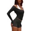 image:imageLASLULU Womens Sexy VNeck Long Sleeve Workout Tops Ribbed Crop Tops  Off the Shoulder Layering TopsCropped Fitted Athletic Gym Shirtsfor Running Yoga Dance Pilates Casual and Everyday WearBlack