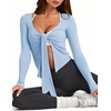 image:imageLASLULU Womens Tie Front Pilates Wrap Tops Long Sleeve Shrug Cardigan  Tie Front Wrap Shrug Top with Sexy V NeckLong Sleeve Workout Bolero Cardigan for PilatesYogaBalletGym Daily WearLight Blue