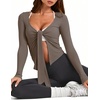image:imageLASLULU Womens Tie Front Pilates Wrap Tops Long Sleeve Shrug Cardigan  Tie Front Wrap Shrug Top with Sexy V NeckLong Sleeve Workout Bolero Cardigan for PilatesYogaBalletGym Daily WearCoffee