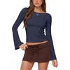 image:imageLASLULU Womens Bell Long Sleeve Top Boat Neck Shirts XSXL  Flare SleeveSlim Fitted Basic TopCropGoing Out TopsWorkoutAthleticYoga2026 TrendyY2KCasualCute Fall Winter TopNavy Blue