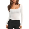 image:imageLASLULU Womens Semi Sheer Square Neck Long Sleeve Workout Tops Wrap Top  See Through FabricLettuce EdgeReversible NecklineFitted Athletic Shirtsfor Ballet Yoga PilatesLayering Over Workout SetsWhite