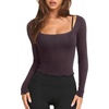 image:imageLASLULU Womens Semi Sheer Square Neck Long Sleeve Workout Tops Wrap Top  See Through FabricLettuce EdgeReversible NecklineFitted Athletic Shirtsfor Ballet Yoga PilatesLayering Over Workout SetsPurplish Brown