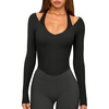 image:imageLASLULU Womens Sexy VNeck Long Sleeve Workout Tops Ribbed Crop Tops  Off the Shoulder Layering TopsCropped Fitted Athletic Gym Shirtsfor Running Yoga Dance Pilates Casual and Everyday WearBlack