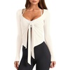 image:imageLASLULU Womens Tie Front Pilates Wrap Tops Long Sleeve Shrug Cardigan  Tie Front Wrap Shrug Top with Sexy V NeckLong Sleeve Workout Bolero Cardigan for PilatesYogaBalletGym Daily WearBeige