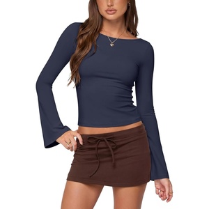 image:imageLASLULU Womens Bell Long Sleeve Top Boat Neck Shirts XSXL  Flare SleeveSlim Fitted Basic TopCropGoing Out TopsWorkoutAthleticYoga2026 TrendyY2KCasualCute Fall Winter TopNavy Blue
