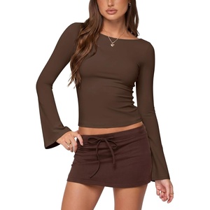 image:imageLASLULU Womens Bell Long Sleeve Top Boat Neck Shirts XSXL  Flare SleeveSlim Fitted Basic TopCropGoing Out TopsWorkoutAthleticYoga2026 TrendyY2KCasualCute Fall Winter TopCoffee