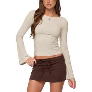 image:imageLASLULU Womens Bell Long Sleeve Top Boat Neck Shirts XSXL  Flare SleeveSlim Fitted Basic TopCropGoing Out TopsWorkoutAthleticYoga2026 TrendyY2KCasualCute Fall Winter TopApricot