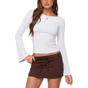 image:imageLASLULU Womens Bell Long Sleeve Top Boat Neck Shirts XSXL  Flare SleeveSlim Fitted Basic TopCropGoing Out TopsWorkoutAthleticYoga2026 TrendyY2KCasualCute Fall Winter TopWhite