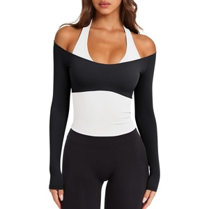 image:imageLASLULU Womens Colorblock Padded Long Sleeve Workout Tops Pilates Yoga Gym  Off the ShoulderBuilt in BraV NeckRacerbackLayeredTwoinOne PieceAthletic Activewear Ballet TopCute Going Out TopsBlack
