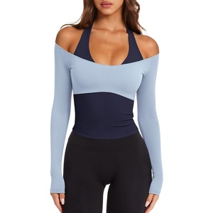 image:imageLASLULU Womens Colorblock Padded Long Sleeve Workout Tops Pilates Yoga Gym  Off the ShoulderBuilt in BraV NeckRacerbackLayeredTwoinOne PieceAthletic Activewear Ballet TopCute Going Out TopsBlue