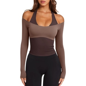 image:imageLASLULU Womens Colorblock Padded Long Sleeve Workout Tops Pilates Yoga Gym  Off the ShoulderBuilt in BraV NeckRacerbackLayeredTwoinOne PieceAthletic Activewear Ballet TopCute Going Out TopsCoffee