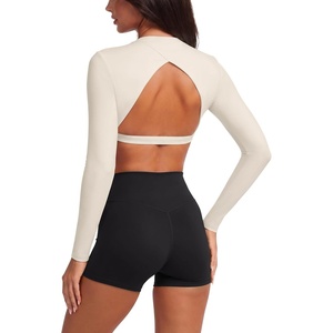 image:imageLASLULU Womens Long Sleeve Workout Crop Top Open Back Slim Shirt  High Neck CrewneckBacklessAthletic Gym Yoga Pilates TopsFitted TightDance Sport TopSexy CuteGoing Out TopBeige