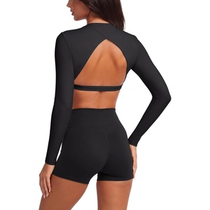 image:imageLASLULU Womens Long Sleeve Workout Crop Top Open Back Slim Shirt  High Neck CrewneckBacklessAthletic Gym Yoga Pilates TopsFitted TightDance Sport TopSexy CuteGoing Out TopBlack
