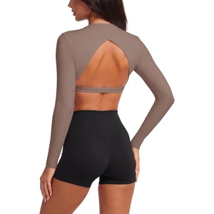 image:imageLASLULU Womens Long Sleeve Workout Crop Top Open Back Slim Shirt  High Neck CrewneckBacklessAthletic Gym Yoga Pilates TopsFitted TightDance Sport TopSexy CuteGoing Out TopCoffee
