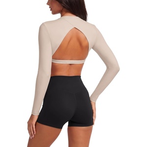 image:imageLASLULU Womens Long Sleeve Workout Crop Top Open Back Slim Shirt  High Neck CrewneckBacklessAthletic Gym Yoga Pilates TopsFitted TightDance Sport TopSexy CuteGoing Out TopKhaki