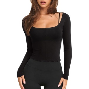 image:imageLASLULU Womens Semi Sheer Square Neck Long Sleeve Workout Tops Wrap Top  See Through FabricLettuce EdgeReversible NecklineFitted Athletic Shirtsfor Ballet Yoga PilatesLayering Over Workout SetsBlack
