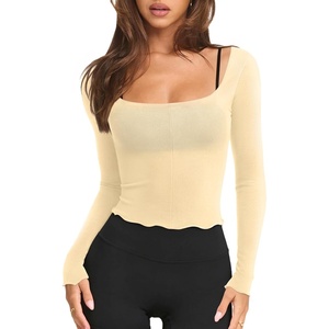image:imageLASLULU Womens Semi Sheer Square Neck Long Sleeve Workout Tops Wrap Top  See Through FabricLettuce EdgeReversible NecklineFitted Athletic Shirtsfor Ballet Yoga PilatesLayering Over Workout SetsLemon Yellow