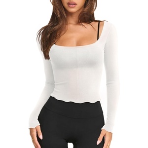 image:imageLASLULU Womens Semi Sheer Square Neck Long Sleeve Workout Tops Wrap Top  See Through FabricLettuce EdgeReversible NecklineFitted Athletic Shirtsfor Ballet Yoga PilatesLayering Over Workout SetsWhite