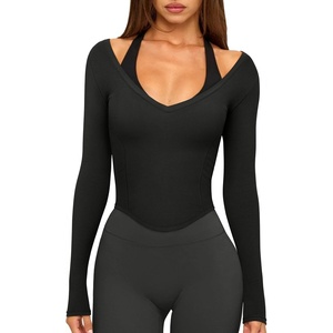 image:imageLASLULU Womens Sexy VNeck Long Sleeve Workout Tops Ribbed Crop Tops  Off the Shoulder Layering TopsCropped Fitted Athletic Gym Shirtsfor Running Yoga Dance Pilates Casual and Everyday WearBlack