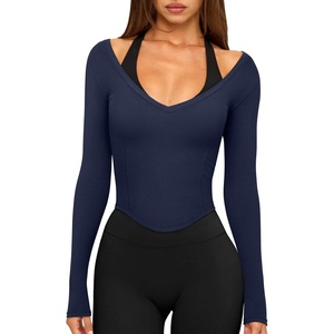 image:imageLASLULU Womens Sexy VNeck Long Sleeve Workout Tops Ribbed Crop Tops  Off the Shoulder Layering TopsCropped Fitted Athletic Gym Shirtsfor Running Yoga Dance Pilates Casual and Everyday WearNavy Blue