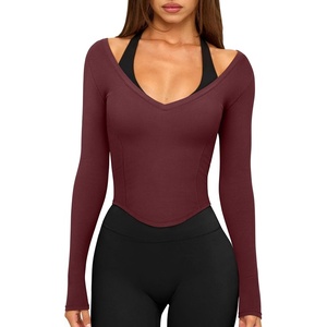 image:imageLASLULU Womens Sexy VNeck Long Sleeve Workout Tops Ribbed Crop Tops  Off the Shoulder Layering TopsCropped Fitted Athletic Gym Shirtsfor Running Yoga Dance Pilates Casual and Everyday WearBurgundy