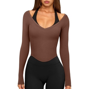 image:imageLASLULU Womens Sexy VNeck Long Sleeve Workout Tops Ribbed Crop Tops  Off the Shoulder Layering TopsCropped Fitted Athletic Gym Shirtsfor Running Yoga Dance Pilates Casual and Everyday WearCoffee