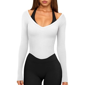 image:imageLASLULU Womens Sexy VNeck Long Sleeve Workout Tops Ribbed Crop Tops  Off the Shoulder Layering TopsCropped Fitted Athletic Gym Shirtsfor Running Yoga Dance Pilates Casual and Everyday WearWhite