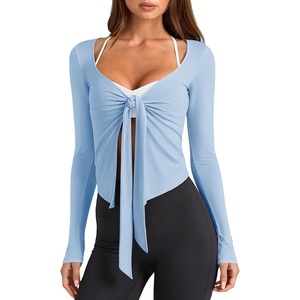 image:imageLASLULU Womens Tie Front Pilates Wrap Tops Long Sleeve Shrug Cardigan  Tie Front Wrap Shrug Top with Sexy V NeckLong Sleeve Workout Bolero Cardigan for PilatesYogaBalletGym Daily WearLight Blue