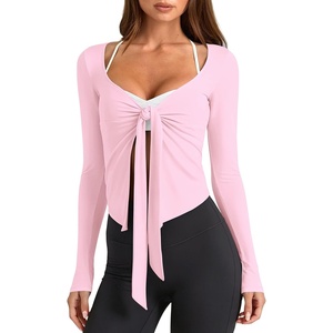 image:imageLASLULU Womens Tie Front Pilates Wrap Tops Long Sleeve Shrug Cardigan  Tie Front Wrap Shrug Top with Sexy V NeckLong Sleeve Workout Bolero Cardigan for PilatesYogaBalletGym Daily WearPink