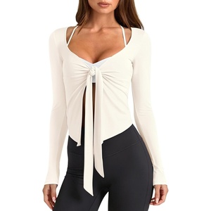 image:imageLASLULU Womens Tie Front Pilates Wrap Tops Long Sleeve Shrug Cardigan  Tie Front Wrap Shrug Top with Sexy V NeckLong Sleeve Workout Bolero Cardigan for PilatesYogaBalletGym Daily WearBeige