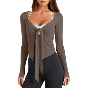 image:imageLASLULU Womens Tie Front Pilates Wrap Tops Long Sleeve Shrug Cardigan  Tie Front Wrap Shrug Top with Sexy V NeckLong Sleeve Workout Bolero Cardigan for PilatesYogaBalletGym Daily WearCoffee