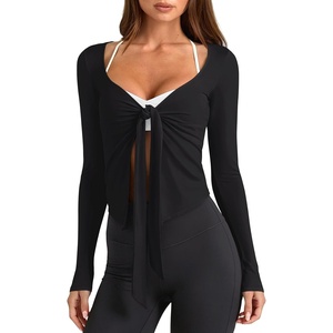image:imageLASLULU Womens Tie Front Pilates Wrap Tops Long Sleeve Shrug Cardigan  Tie Front Wrap Shrug Top with Sexy V NeckLong Sleeve Workout Bolero Cardigan for PilatesYogaBalletGym Daily WearBlack