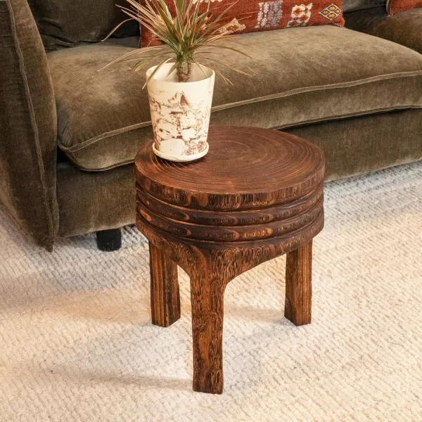 Creative CoOp Boho HandCarved Paulownia Wood Stool NaturalDark Brown Stained