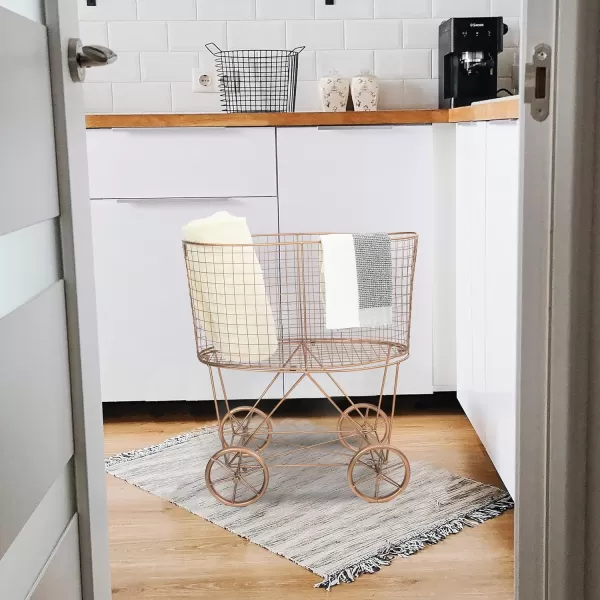 Creative Coop Vintage Metal Laundry Basket with Wheels 25quot x 15quot x 26 34quot W x D x HCopper