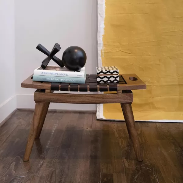 Creative CoOp Mango Wood ampamp Woven Leather Handles Black ampamp Natural KD Stool Brown