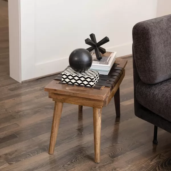 Creative CoOp Mango Wood ampamp Woven Leather Handles Black ampamp Natural KD Stool Brown
