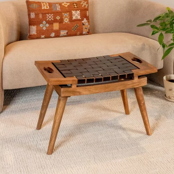 Creative CoOp Mango Wood ampamp Woven Leather Handles Black ampamp Natural KD Stool Brown