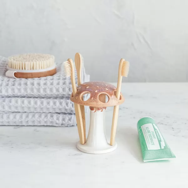 Creative CoOp Mushroom Motif Stoneware Toothbrush Holder Brown and Whtie