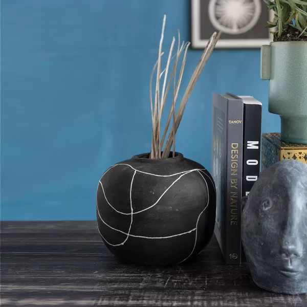 Creative CoOp Round Decorative TerraCotta Vase with HandPainted Intersecting Lines Black and White