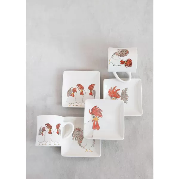 Creative CoOp Stoneware Chicken Set of 4 Styles Plate Set 5quotL x 5quotW x 1quotH White
