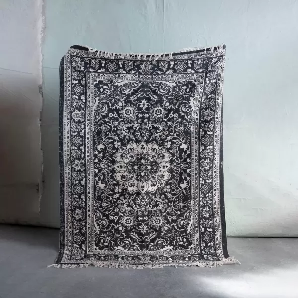Creative CoOp Woven Cotton Distressed Print Dhurrie Fringe Black and White Rugs 96quot L x 60quot W x 1quot H