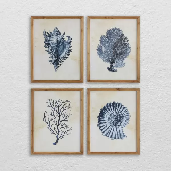Wood Framed Wall Art with Blue Shells ampamp Coral Set of 4 Designs
