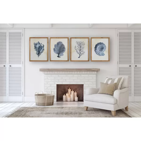 Wood Framed Wall Art with Blue Shells ampamp Coral Set of 4 Designs