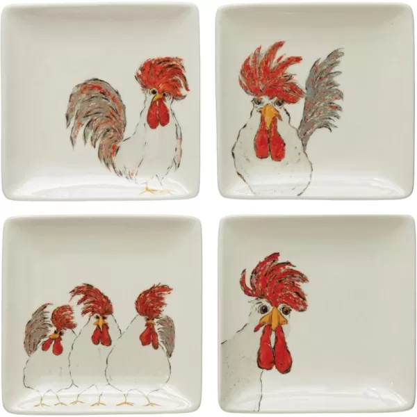 Creative CoOp Stoneware Chicken Set of 4 Styles Plate Set 5quotL x 5quotW x 1quotH White