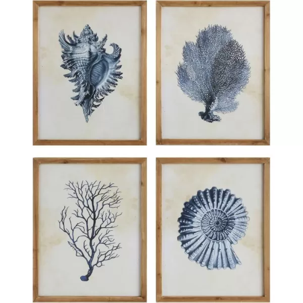 Wood Framed Wall Art with Blue Shells ampamp Coral Set of 4 Designs