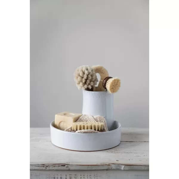 Creative CoOp Beech Wood Dish w Leather Strap Dark Brown Brush