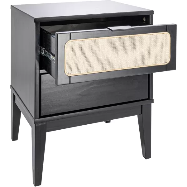 Creative CoOp Crawford 2 Storage Drawers Woven Cane Detail Stain Finish Nightstand Black and Natural